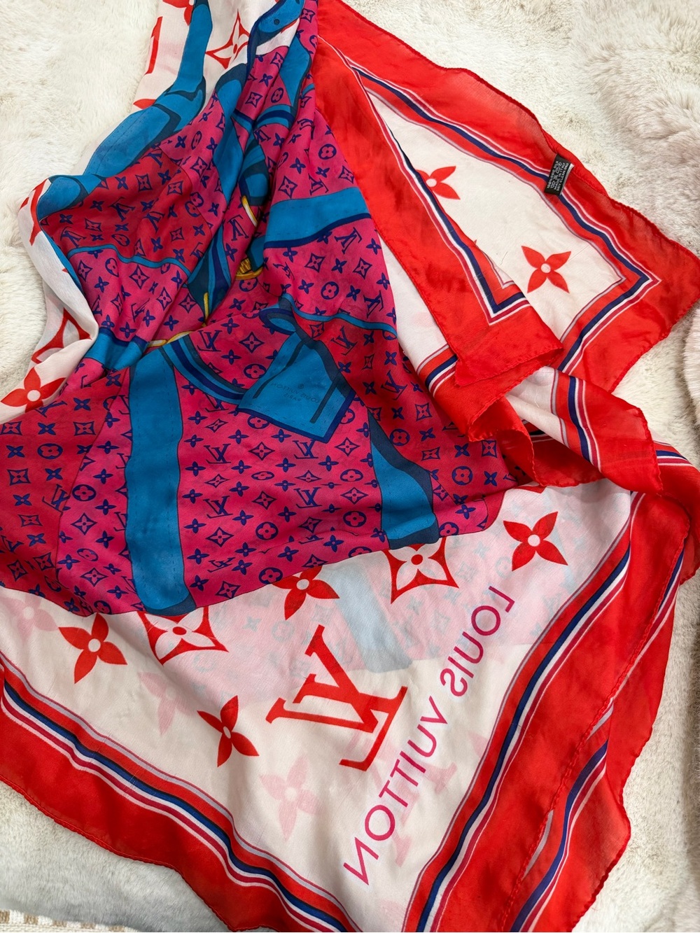 Louis Vuitton Red, Pink, Blue Monogram Silk Scarf